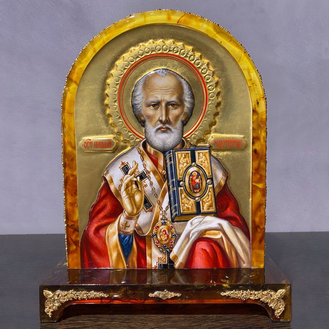 Настольная икона из янтаря "Св. Николай Чудотворец" - артикул: 779058 | Мосподарок 