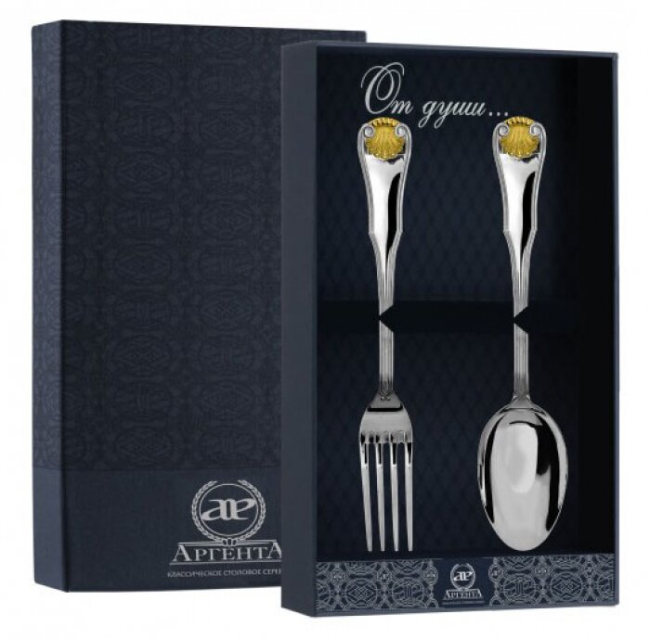 Серебряный столовый набор "Визит": вилка и ложка с позолотой