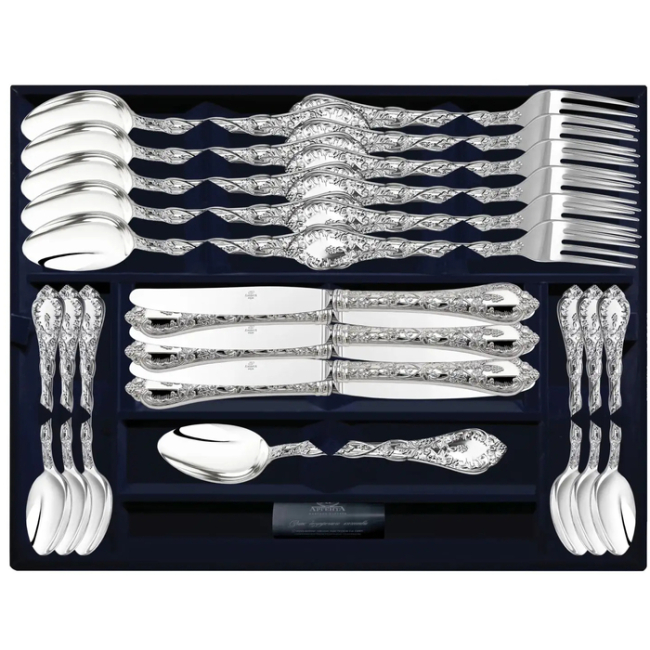 Серебряный столовый набор "Виноградная лоза": вилка, ложка, нож, чайная ложка., на 6 персон