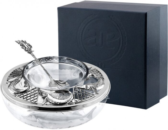 Серебряная икорница "Осетр" с ложкой