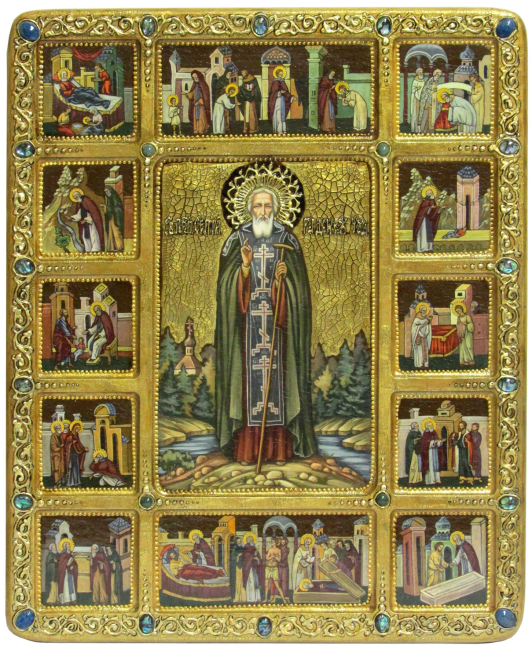 Живописная икона "Преподобный Сергий Радонежский чудотворец" с житийными сценами на кипарисе