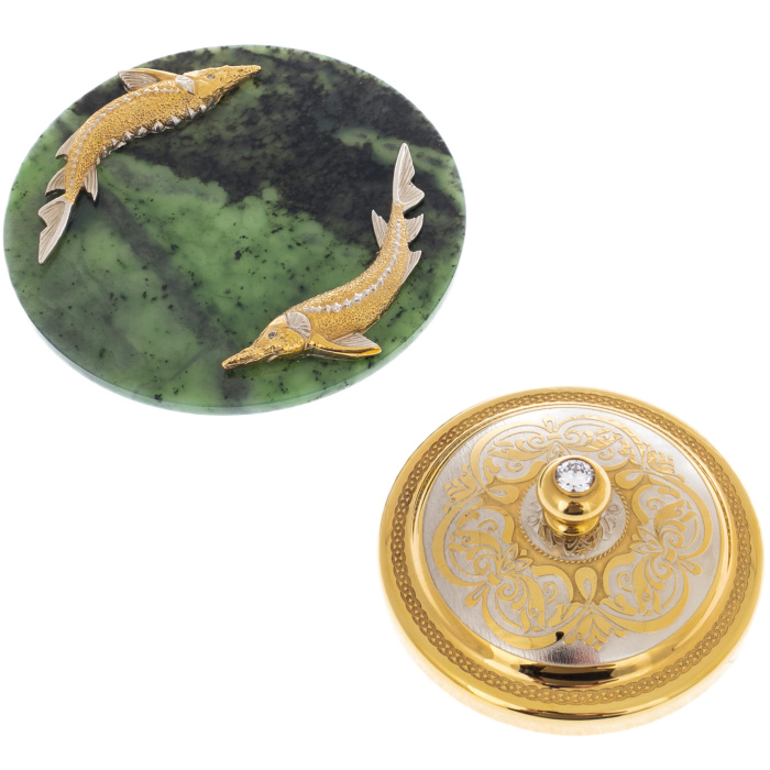 Икорница на подставке из нефрита "Два осетра" Златоуст - артикул: 301301 | Мосподарок 