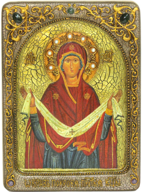 Живописная икона "Образ Божией Матери Покров" на кипарисе