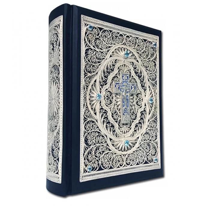 Библия большая с литьем и филигранью (серебро) и топазами - артикул: 800114 | Мосподарок 