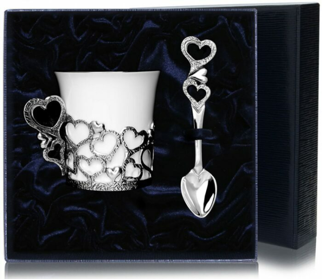 Кофейная чашка из серебра "Сердце" с ложкой