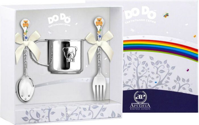 Набор детский серебряный DODO "Мишка - малыш" с эмалью, 3 предмета
