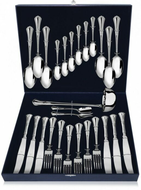 Серебряный столовый набор "Фаворит": вилка, вилка для лимона, ложка, нож, половник, совок для сахара чайная ложка Серебряный столовый набор "Фаворит": вилка, вилка для лимона, ложка, нож, половник, совок для сахара чайная ложка