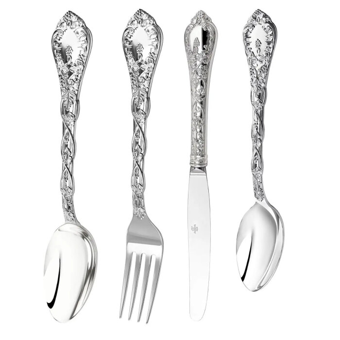 Посеребренный столовый набор "Виноградная лоза": вилка, ложка, нож, чайная ложка, на 12 персон, 48 предметов - артикул: AK01854 - стоимость: 1 311 900 руб. Посеребренный столовый набор "Виноградная лоза": вилка, ложка, нож, чайная ложка, на 12 персон, 48 предметов - артикул: AK01854 | Мосподарок
