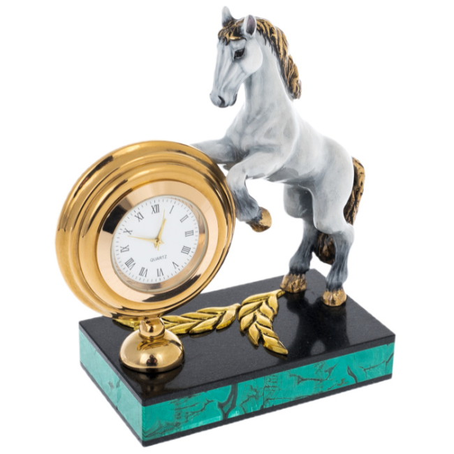 Часы "Лошадь" на подставке из малахита, Златоуст