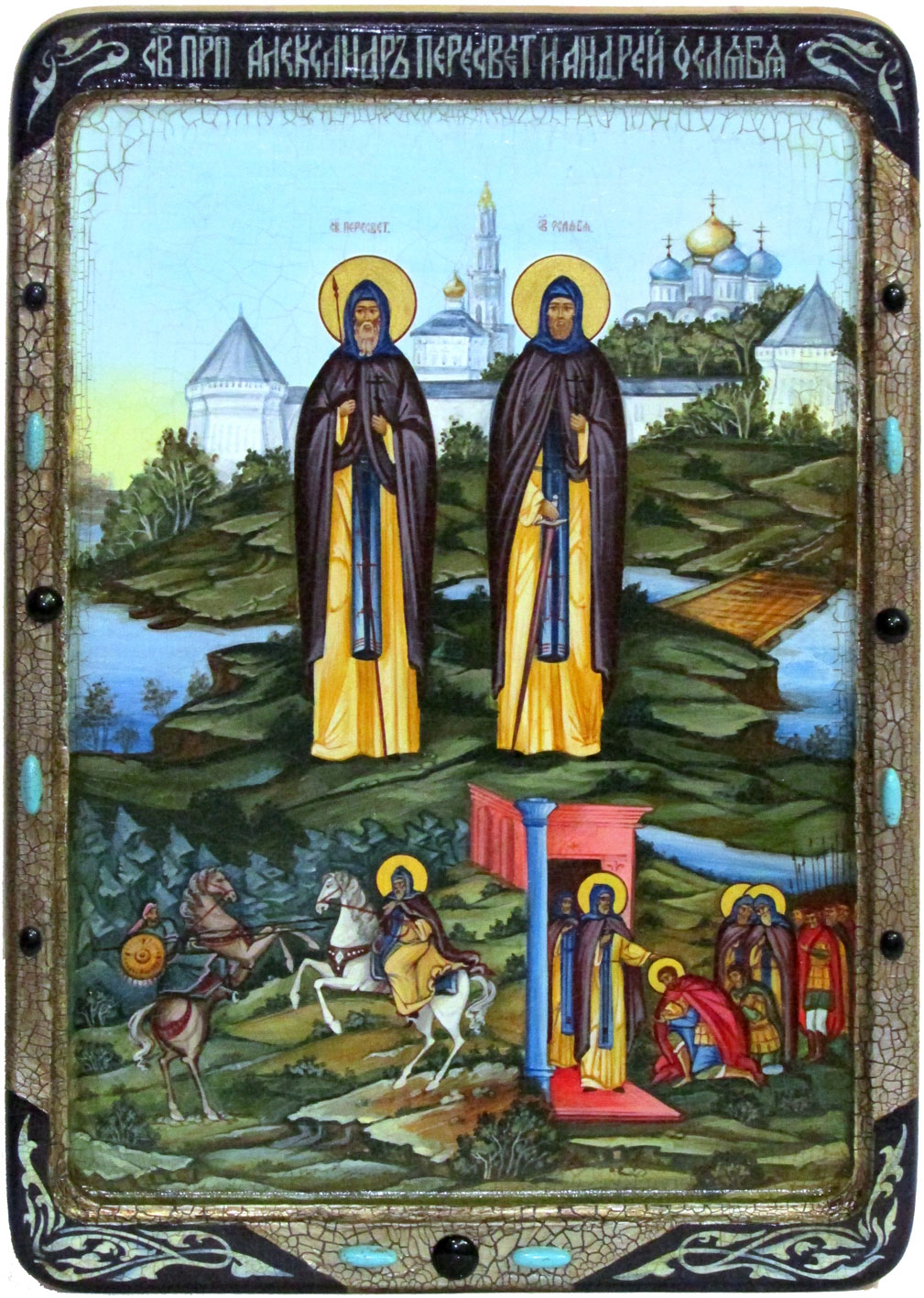 Живописная икона "Святые преподобные Александр (Пересвет) и Андрей (Ослябя) Радонежские" на кипарисе в березовом киоте - купить в Москве | Мосподарок 