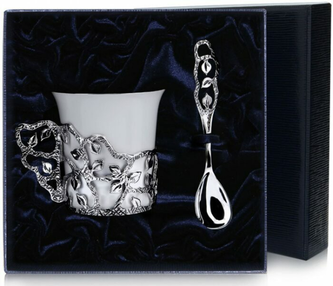 Кофейная чашка из серебра "Листопад" с ложкой Кофейная чашка из серебра "Листопад" с ложкой