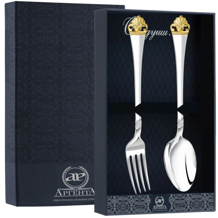 Серебряный столовый  набор "Афина": ложкка, вилка с позолотой, на 1 персону - артикул: AK01807 | Мосподарок 