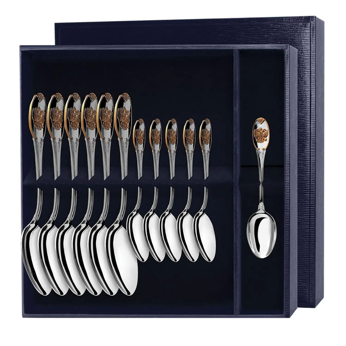 Серебряный столовый набор "Единство". ложка столовая, ложка чайная, с позолотой, на 6 персон - артикул: AK01645 - стоимость: 227 200 руб. Серебряный столовый набор "Единство". ложка столовая, ложка чайная, с позолотой, на 6 персон - артикул: AK01645 | Мосподарок