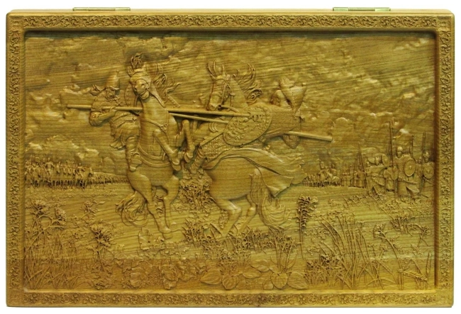 Резные объемные нарды+шашки дорожного размера из массива мореного ясеня "Поединок Пересвета с Челубеем на Куликовом поле"