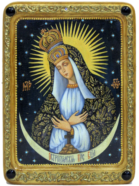 Живописная икона "Образ Пресвятой Богородицы Остробрамская (Виленская)" на кипарисе