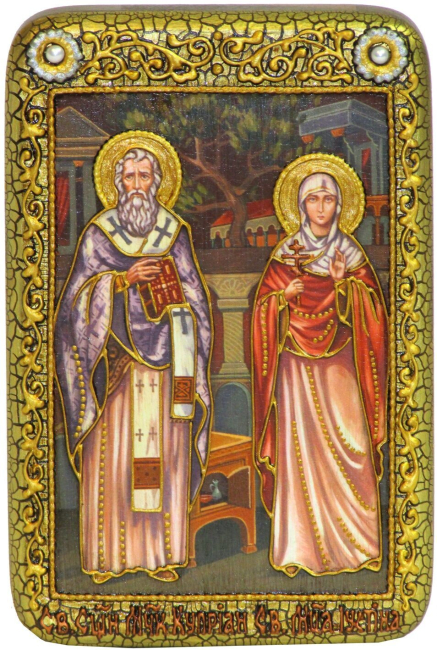 Настольная икона "Священномученики Киприан и Иустина Антиохийские" на мореном дубе