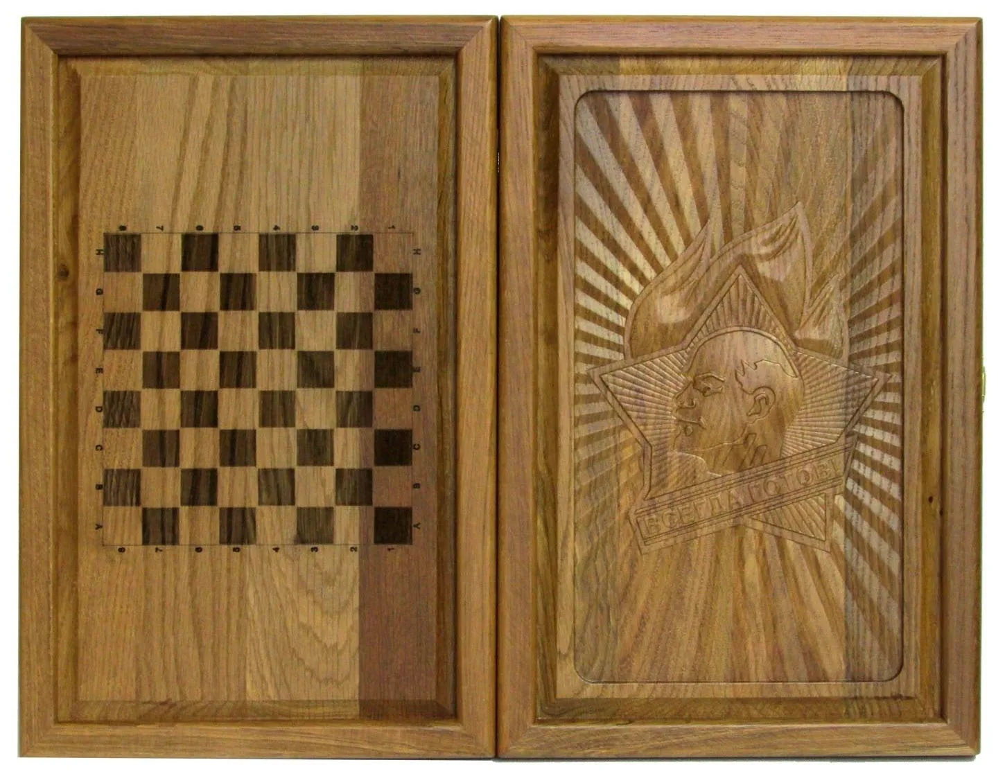 Резные объемные нарды+шашки дорожного размера из массива мореного дуба "Всегда готов!" - артикул: 120-206 | Мосподарок 