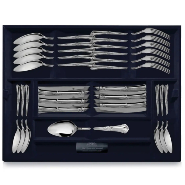 Серебряный десертный набор "Фаворит": вилка, ложка, нож, чайная ложка, на 6 персон Серебряный десертный набор "Фаворит": вилка, ложка, нож, чайная ложка, на 6 персон