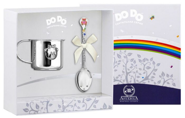 Набор детский серебряный DODO "Мишка - малышка" с эмалью, 2 предмета