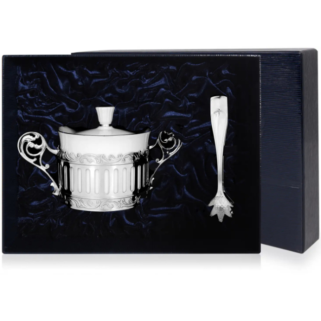 Серебряная сахарница "Богема" с щипцами для сахара Серебряная сахарница "Богема" с щипцами для сахара