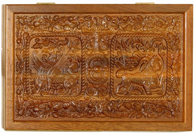 Резные дорожные нарды-шашки из массива чёрного дуба "Белокаменные-2"