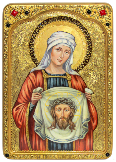 Живописная икона "Святая Праведная Вероника Кровоточивая" на кипарисе в березовом киоте