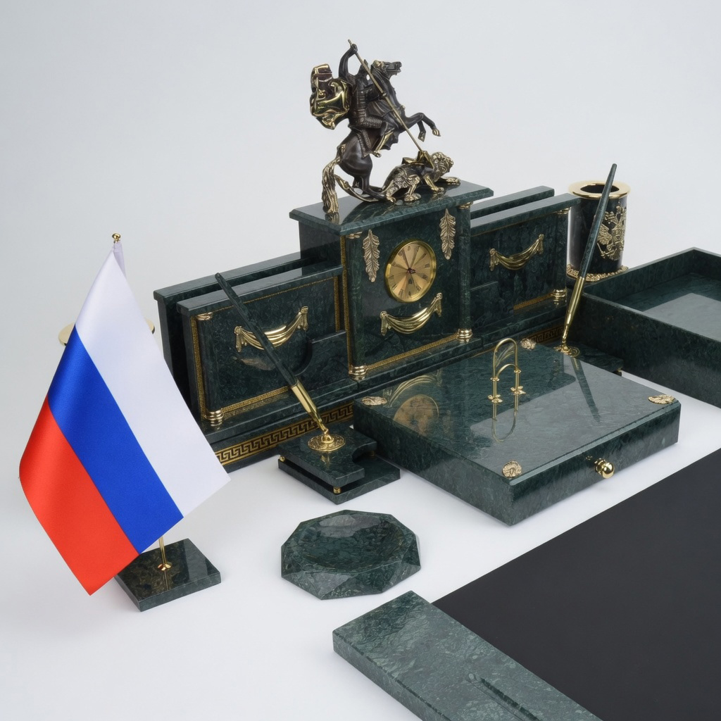 Настольный набор из зеленого мрамора "Георгий Победоносец" - артикул: E13503 | Мосподарок 