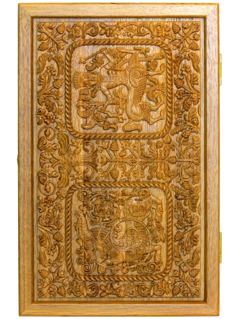 Резные дорожные нарды-шашки из массива чёрного дуба "Белокаменные-1"