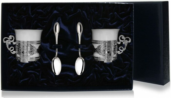 Набор кофейных чашек из серебра "Август-Октавиан" на 2 персоны, с ложками