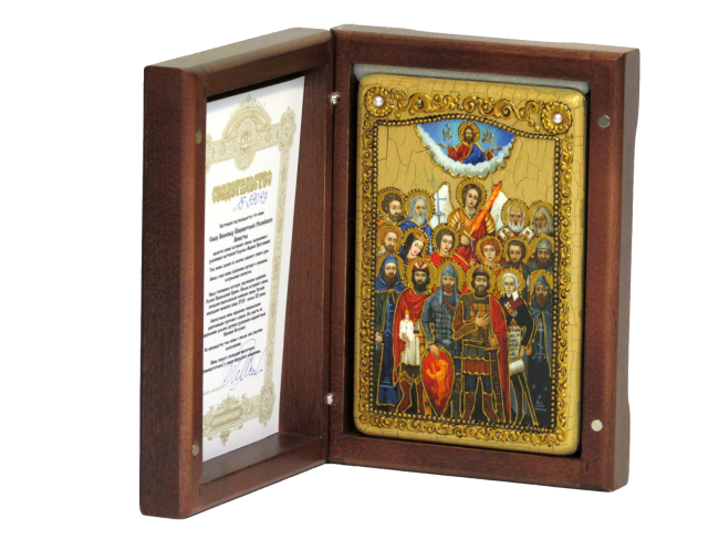 Настольная икона "Собор Святых покровителей воинства российского" на чёрном дубе