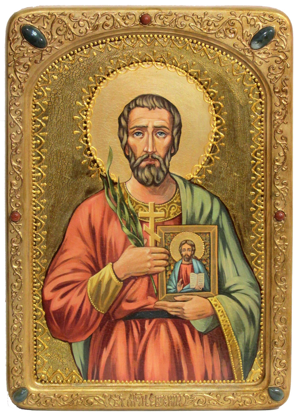 Живописная икона "Святой мученик Евгений Севастийский" на кипарисе в березовом киоте - купить в Москве | Мосподарок 