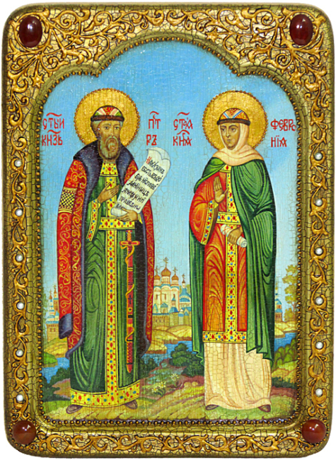 Живописная икона "Петр и Феврония" на кипарисе ручной работы