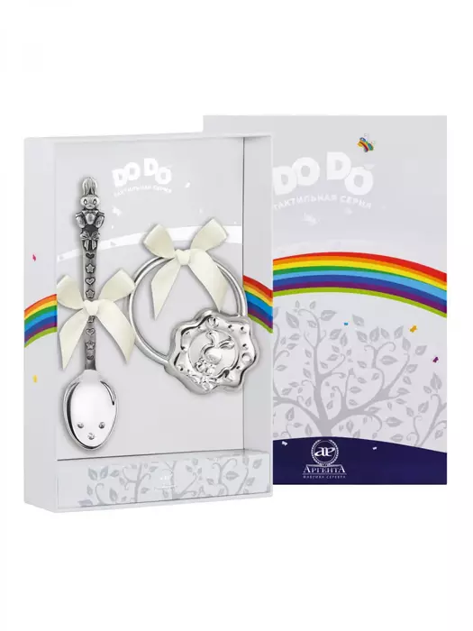 Серебряный набор для малышей DODO "Зайка": ложка и погремушка, на 1 персону - артикул: AK01575 | Мосподарок 