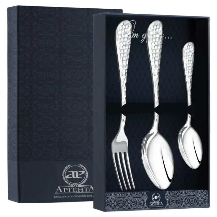 Серебряный столовый набор "Капелька" : вилка, ложка, чайная ложка, на 1 персону, ковка - артикул: AK01833 | Мосподарок 