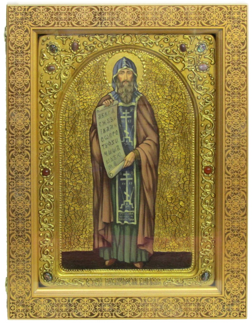 Живописная икона "Святой равноапостольный Кирилл Философ" на кипарисе в березовом киоте
