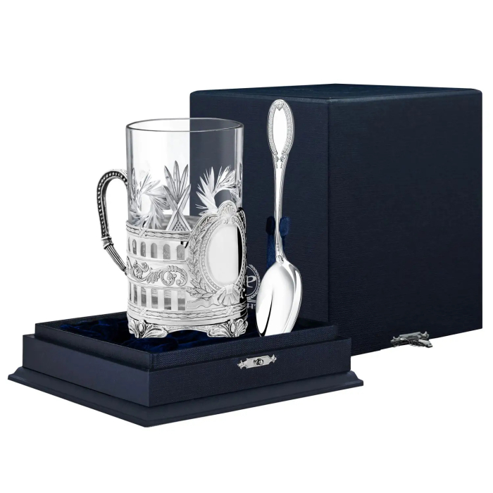 Серебряный набор для чая "Хозяин": ложка, стакан, подстаканник - артикул: AK01346 | Мосподарок 