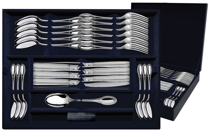 Серебряный столовый набор "Император": вилка, ложка, нож, чайная ложка - артикул: AK01649 - стоимость: 500 300 руб. Серебряный столовый набор "Император": вилка, ложка, нож, чайная ложка - артикул: AK01649 | Мосподарок