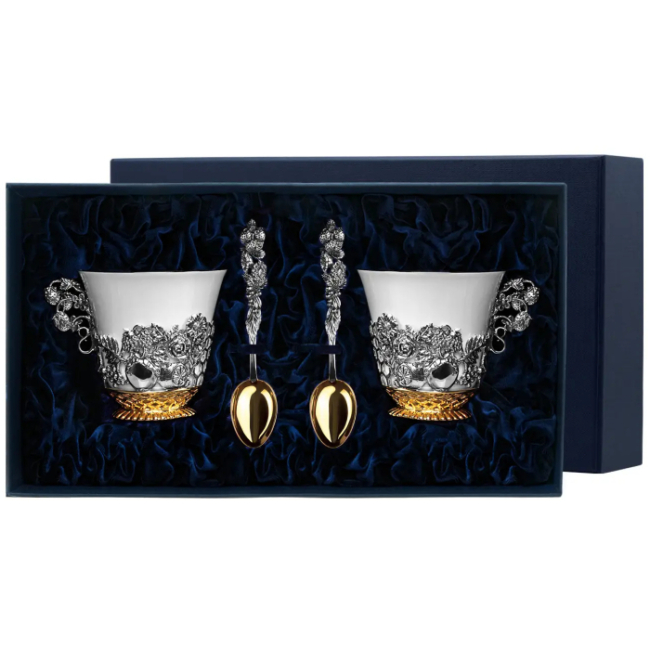 Серебряный чайный набор "Натюрморт": ложка, чашка с позолотой и чернением, на 2 персоны