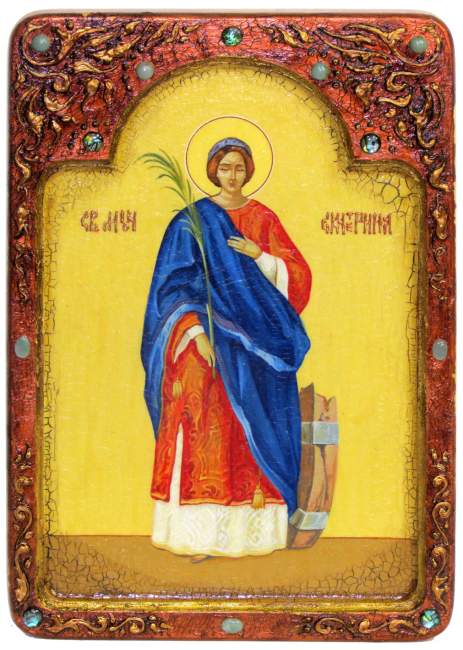 Живописная икона "Святая великомученица Екатерина" на кипарисе в березовом киоте
