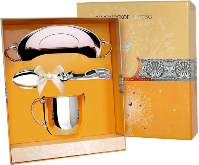 Набор детский серебряный КД "Котик": блюдце, кружка, ложка с с эмалью, на 1 персону