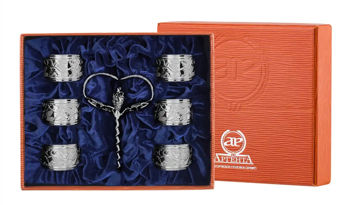 Серебряный винный набор "Виноград": кольцо для салфеток, штопор, на 6 персон - артикул: AK01595 - стоимость: 40 100 руб. Серебряный винный набор "Виноград": кольцо для салфеток, штопор, на 6 персон - артикул: AK01595 | Мосподарок