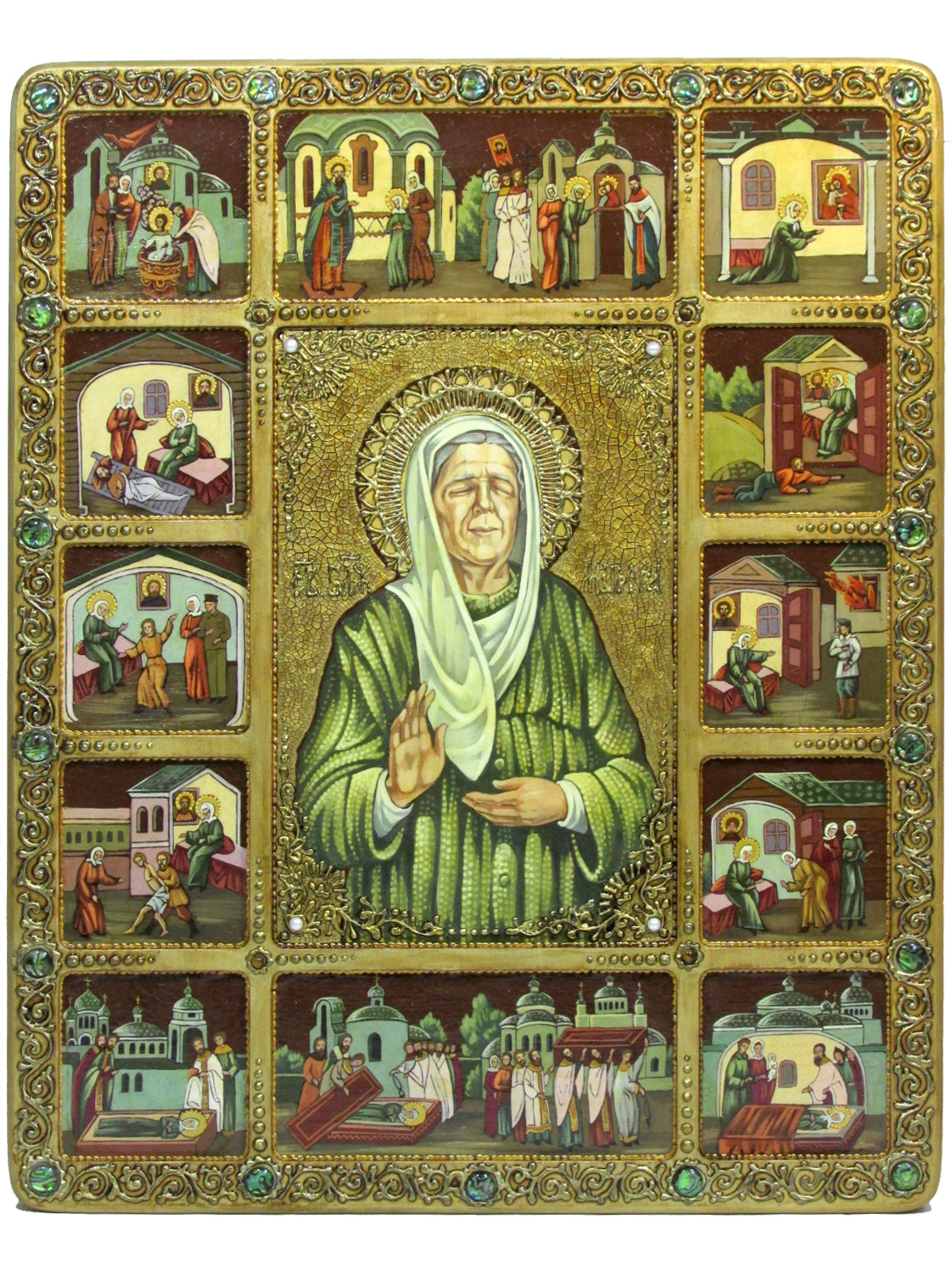 Живописная икона "Блаженная старица Матрона Московская" с житийными сценами на кипарисе - купить в Москве | Мосподарок 