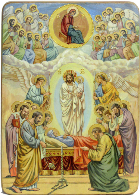 Живописная икона "Успение Пресвятой Богородицы" на кипарисе в березовом киоте