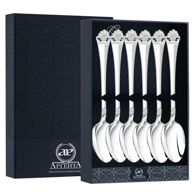 Набор чайных ложек серебряный "Афина"  в футляре Набор чайных ложек серебряный "Афина"  в футляре