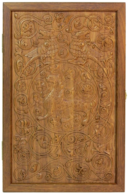 Резные дорожные нарды-шашки из массива чёрного дуба "Лев"