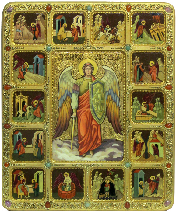 Живописная икона "Архангел Михаил" с житийными сценами на кипарисовой доске - купить в Москве | Мосподарок 