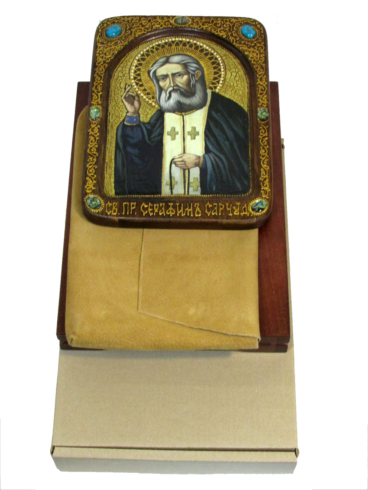 Живописная икона "Преподобный Серафим Саровский" чудотворец на чёрном дубе - купить в Москве | Мосподарок 