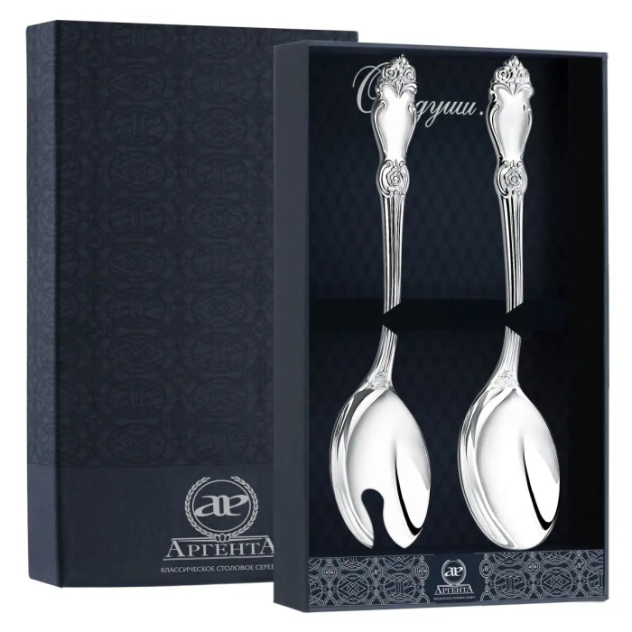 Серебряный набор для салата "Серебряная роза": ложка, вилка, на 1 персону - артикул: AK01827 | Мосподарок 