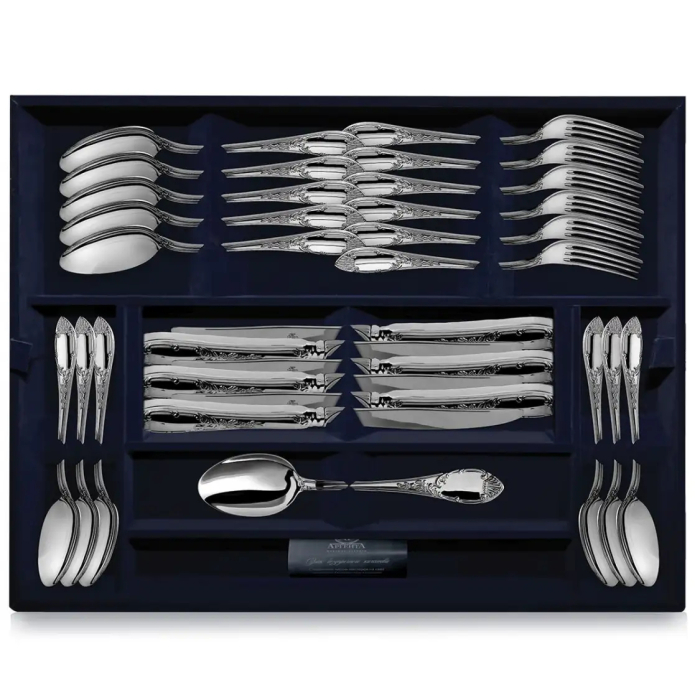 Серебряный десертный набор "Престиж": вилка, ложка, нож, чайная ложка, на 6 персон - артикул: AK01205 | Мосподарок 