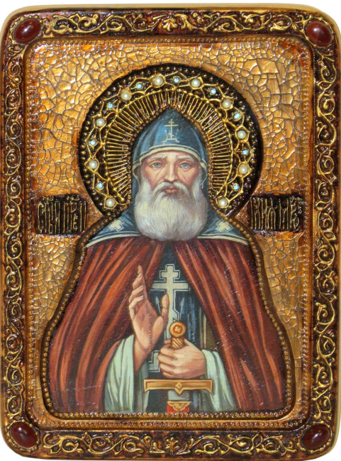 Живописная икона "Преподобный Илия Муромец, Печерский" на кипарисе